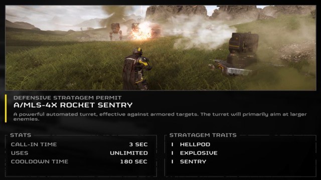 The description for the Rocket Sentry in Helldivers 2.
