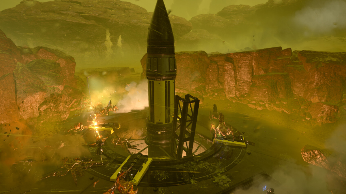 A rocket on a launchpad in Helldivers 2.