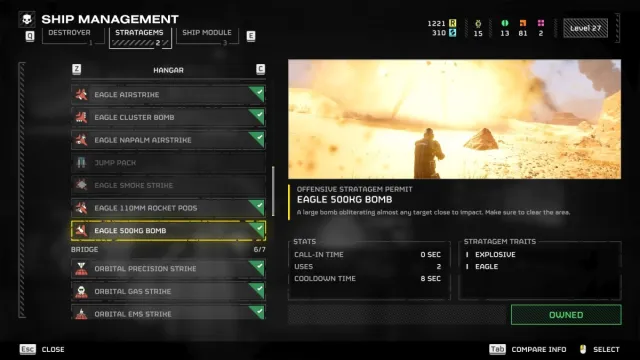 The menu for purchasing stratagems in Helldivers 2, focusing on the 500kg Eagle Bomb.