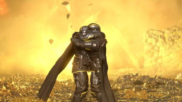 A Helldivers 2 screenshot of two characters hugging