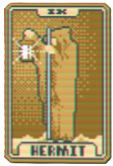 A cloaked male figure on a golden card from Balatro.  This shows readers the hermit tarot card