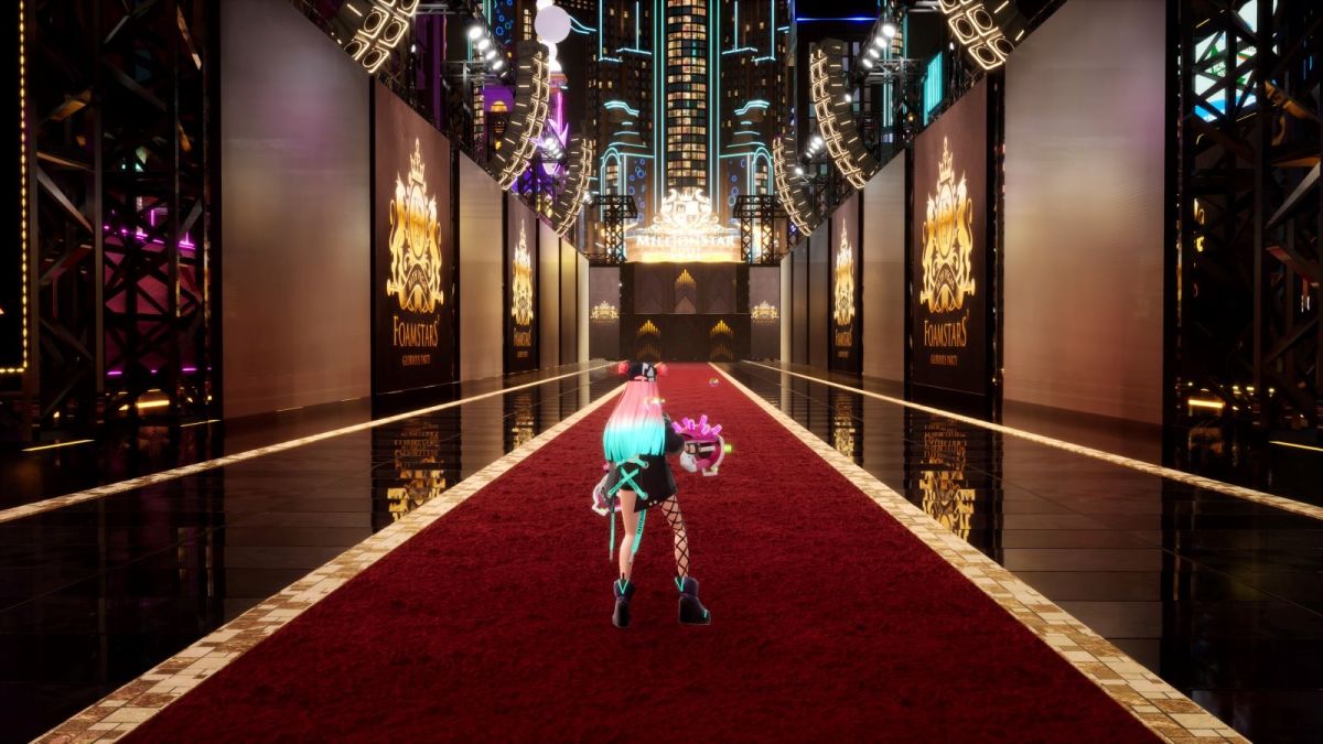 Image of the Foamstars player character standing on a red carpet with golden hues to be found on the walls around the player.