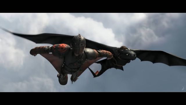 Characters from How To Train Your Dragon flying in the sky with clouds in the background.