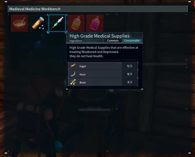 A screenshot from Palworld showing the crafting requirements of High Grade Medical Supplies from the Medieval Medicine Workbench