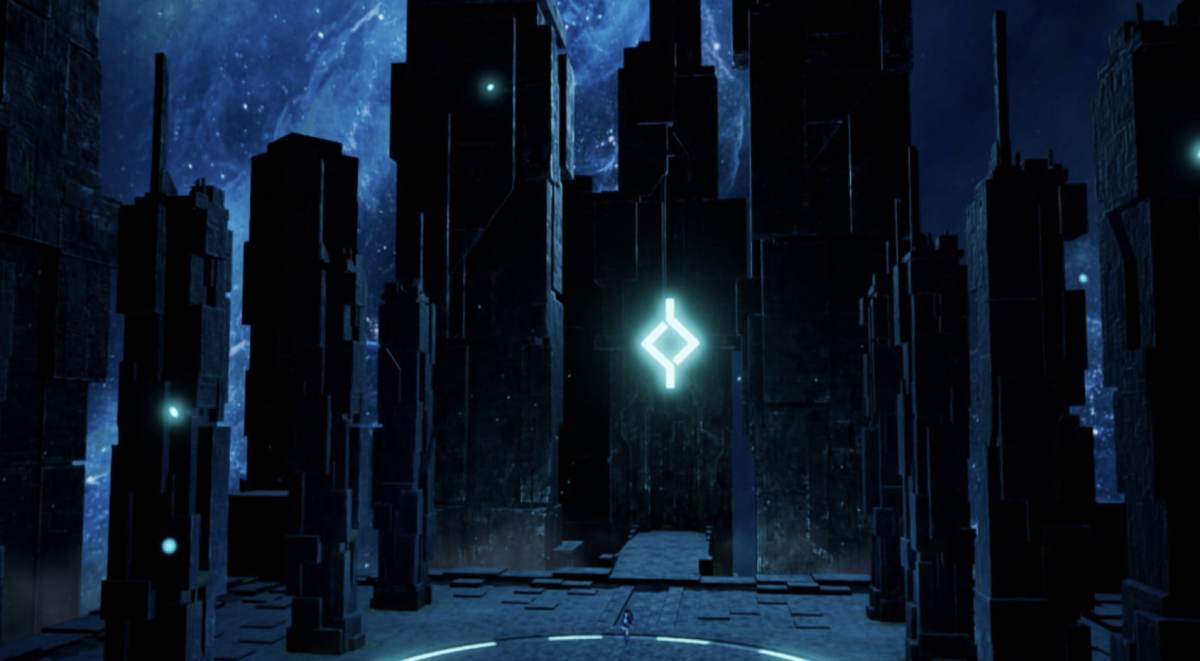 A screenshot of a cutscene inside of a Tower Battle in Palworld, showing dark towers with a bright blue diamond pattern on one spire.