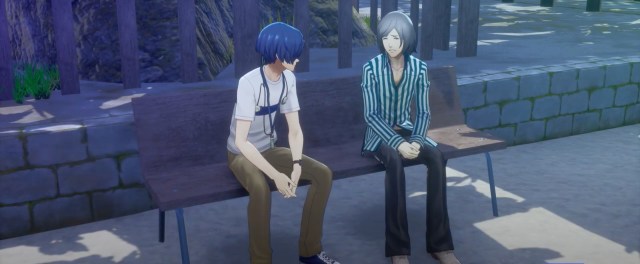 Akinari Kamiki Sun talking on a bench in Persona 3 Reload.
