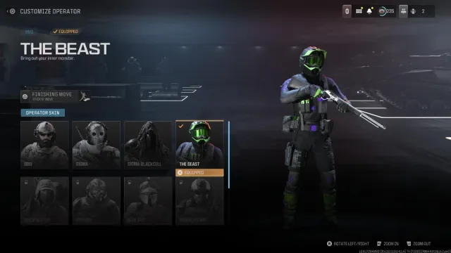 The Beast Operator skin in MW3 with a player wearing a black, green, and purple biker outfit.