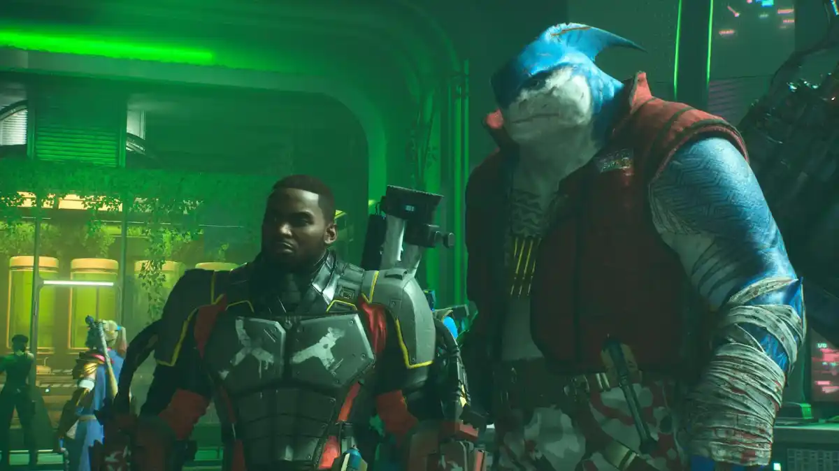 An in game screenshot of King Shark and Deadshot from Suicide Squad: Kill the Justice League