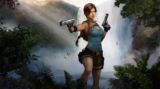 Lara Croft aims a weapon while standing in front of a waterfall.