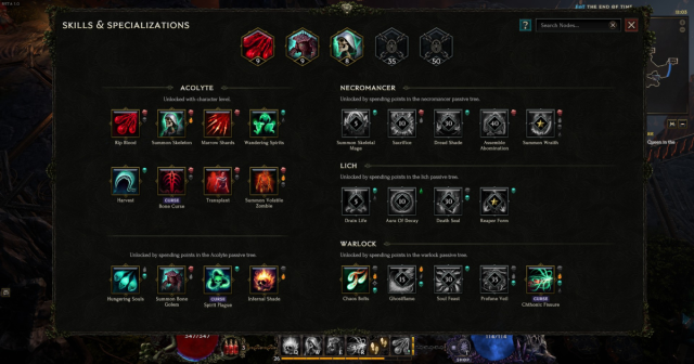 The Skills menu for the Acolyte in Last Epoch.