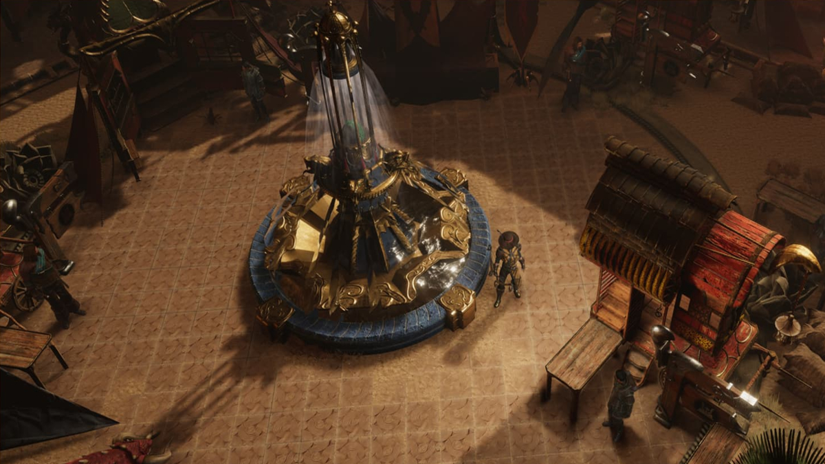 A player stood in the Bazaar hub area in Last Epoch.