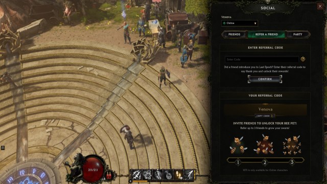 A screenshot of Last Epoch showing the Social menu and the Refer a Friend page.