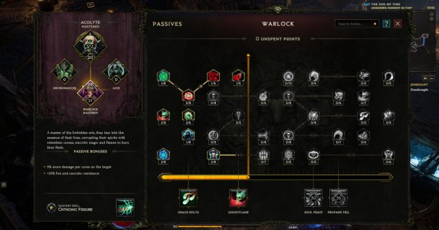 A screenshot of the Warlock Passive tree in Last Epoch.