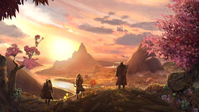 A loading screen in Last Epoch showing three characters watching a sunset.