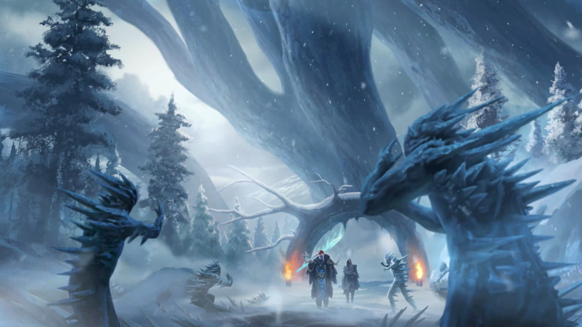 A cutscene in Last Epoch showing characters in a snowy environment.