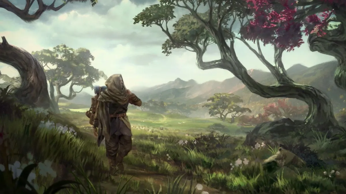 A character stands at the edge of a forest overlooking green hills in Last Epoch.