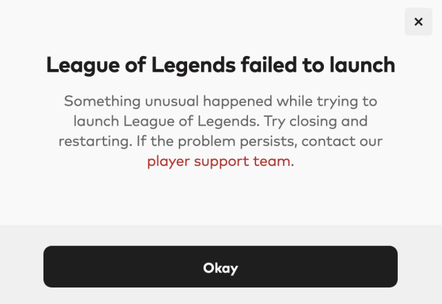 Screenshot of the League of Legends failed to launch error code.