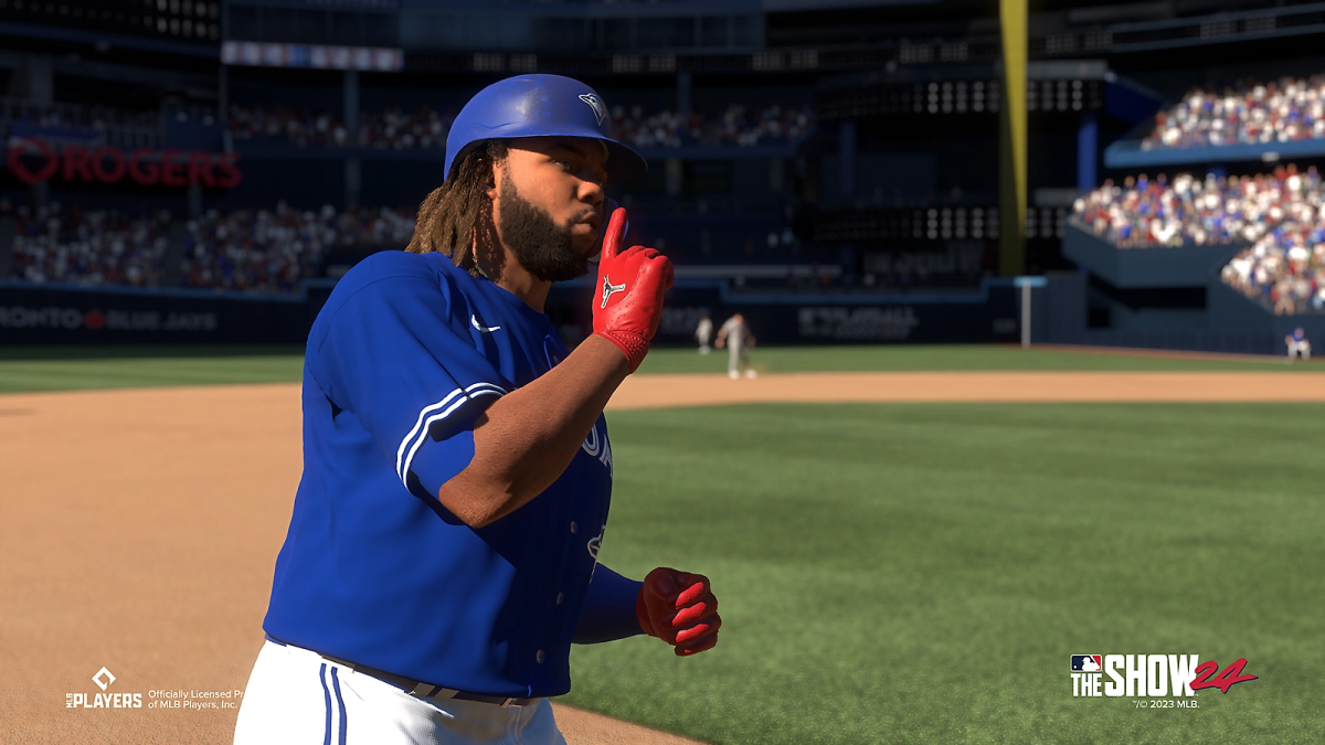 Vladimir Guerrero Jr. shushes the crowd during his home run trot in MLB The Show 24.