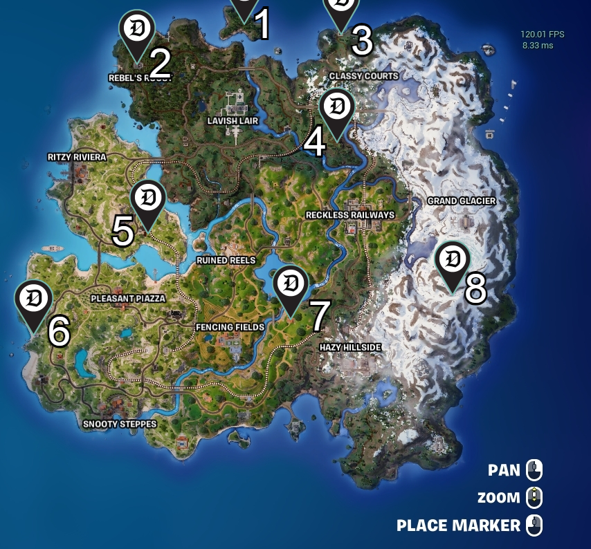 A map of NPCs you can hire in Fortnite chapter 5 season one.