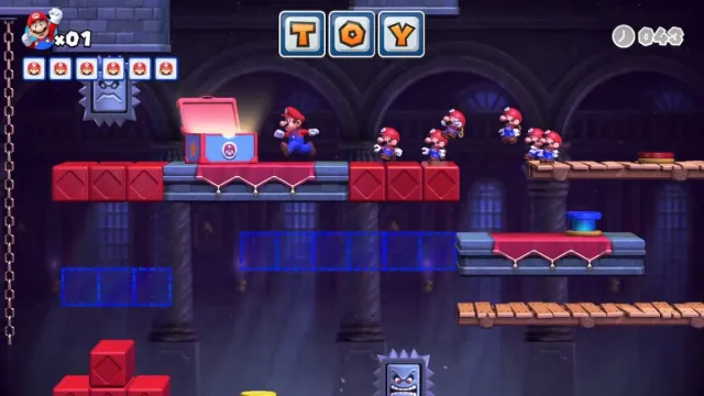 Mini-Marios reaching the toy box