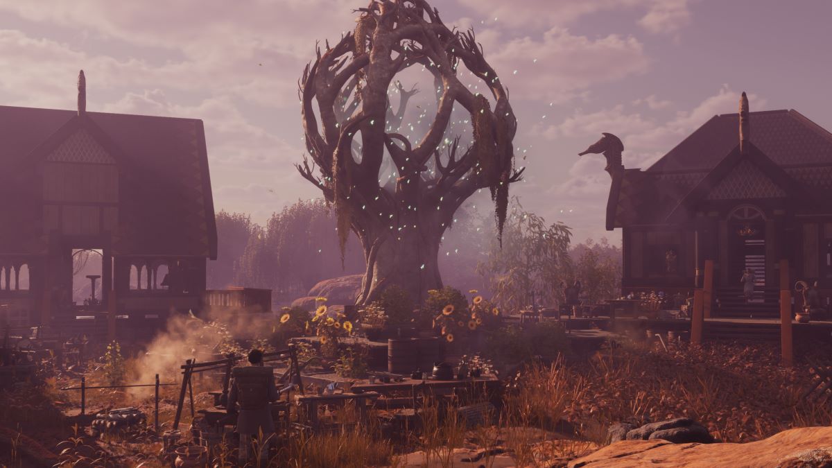 A promo image for Nightingale showing a settlement with a mystical tree in its center.