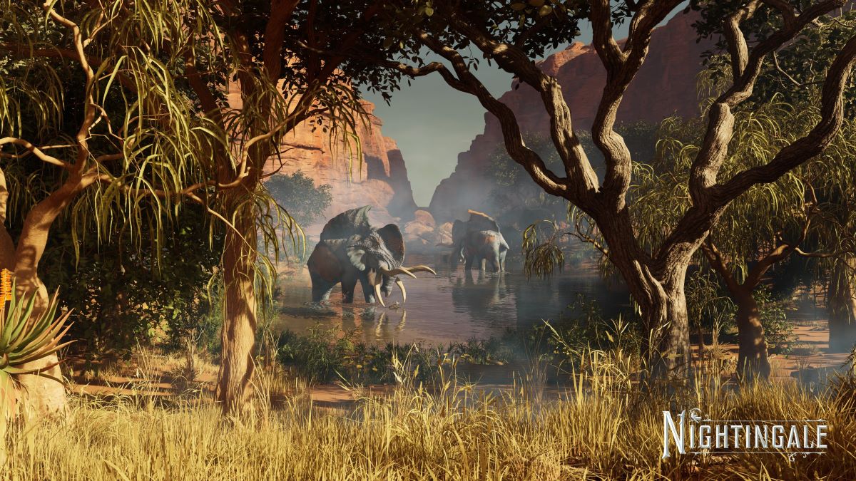 A promotional image of giant elephants in the Swamp Biome in Nightingale.