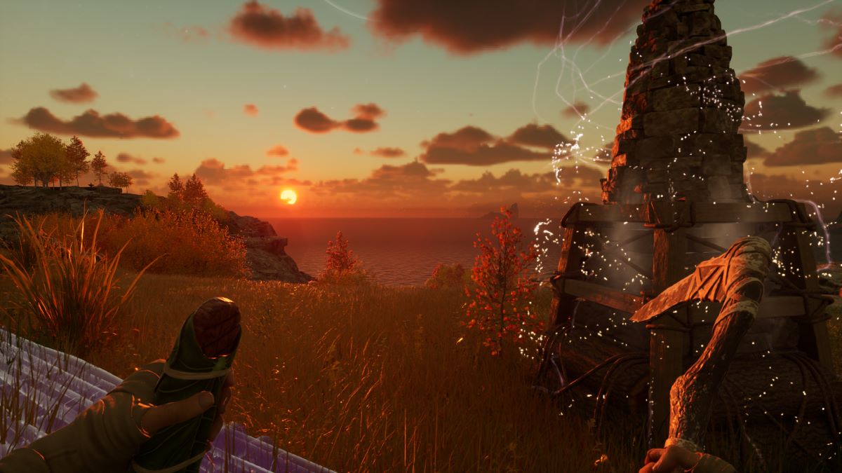 A screenshot showing a beautiful sunset in Nightingale's forest biome.