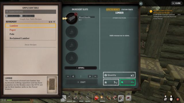 A Nightingale screenshot showing the Simple Saw Table crafting menu.