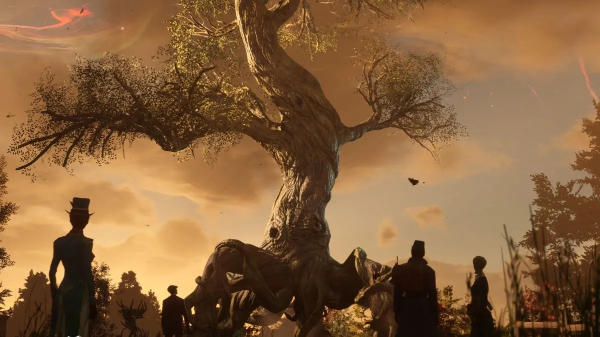 A promotional image that shows the silhouettes of several characters near a tree in Nightingale.