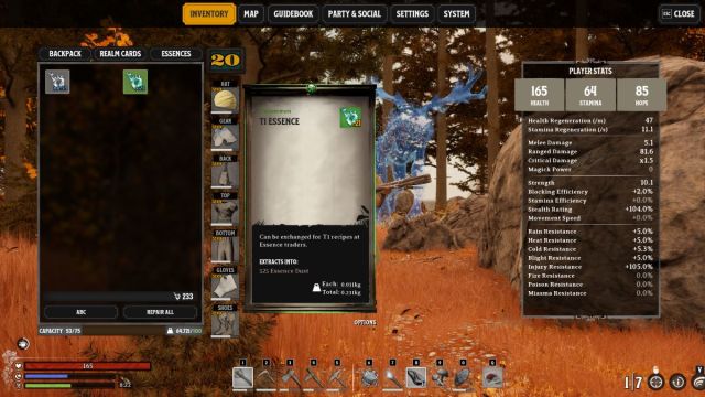 A Nightingale screenshot that shows the "Essences" inventory tab, with T1 Essence selected.