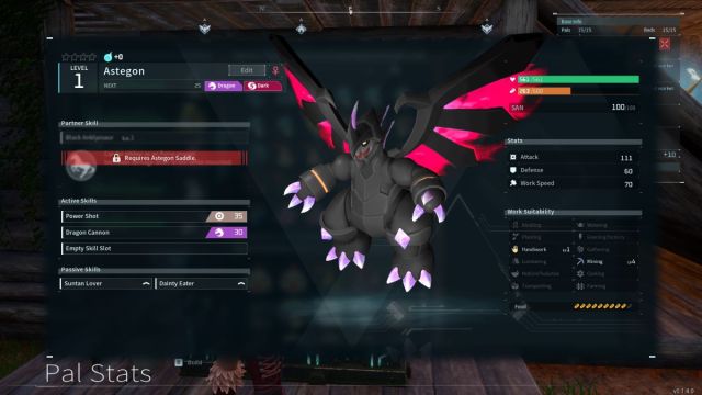A Palworld screenshot showing the Pal Stats page for an Astegon.