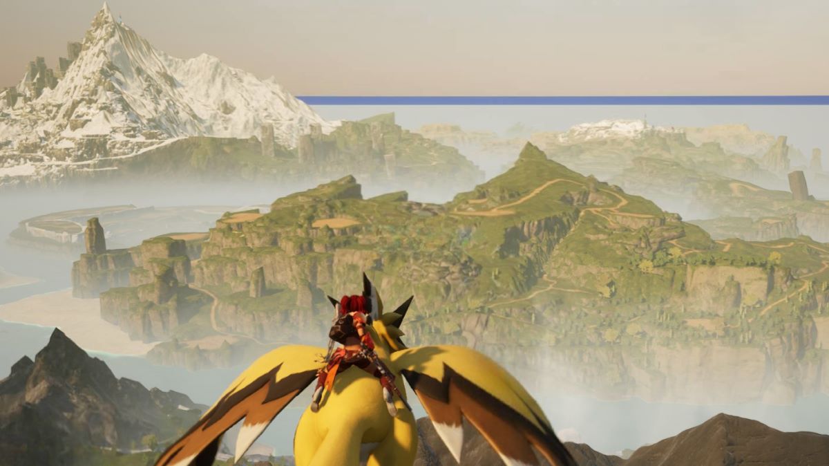 A screenshot of a player flying on a Beakon above mountains in Palworld
