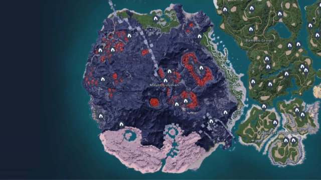 A map showing dungeon locations near a volcano in Palworld.