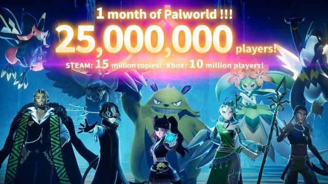 Palworld bosses and Pals on a banner to celebrate 25,000,000 players in a month.