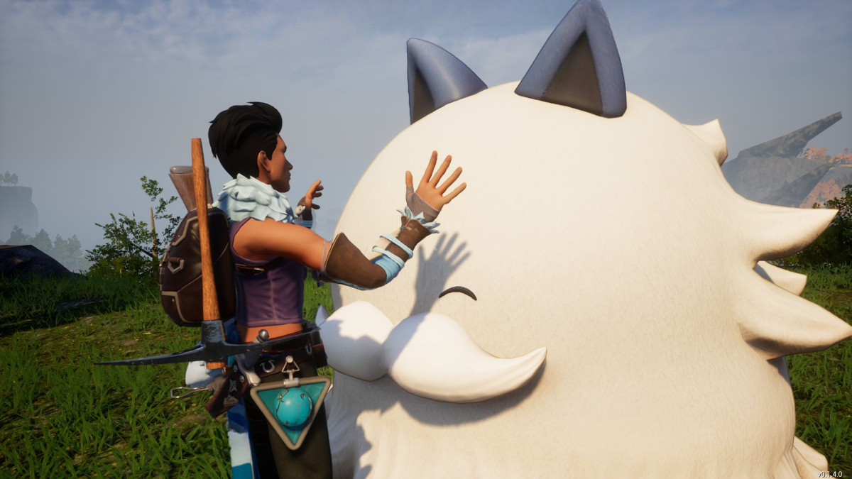 A player in Palworld petting a Sweepa.