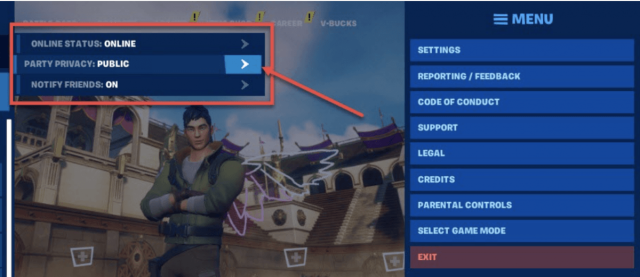 Party privacy setting set to public on Fortnite