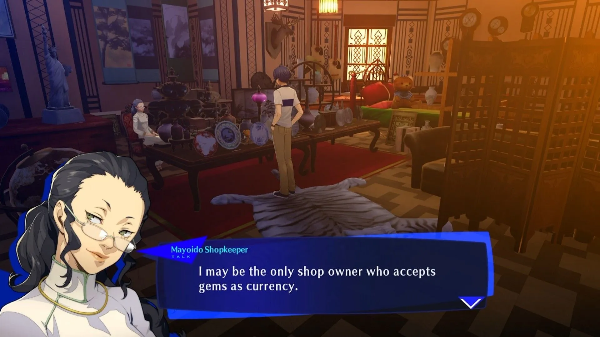 An image of the player talking to the Antique Shop owner in Persona 3 Reload.
