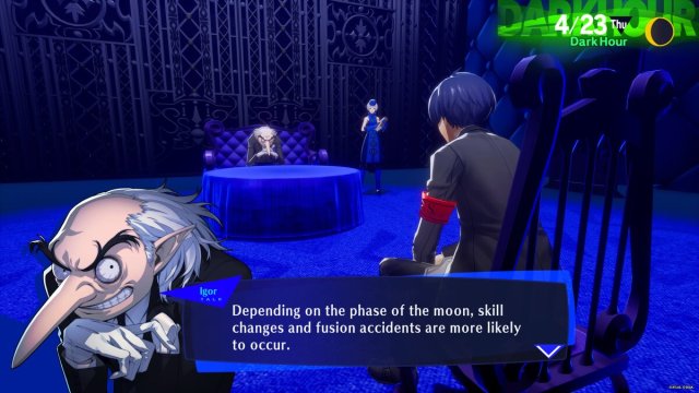 Igor explaining the phase of the moon can cause fusion accidents in Persona 3 Reload