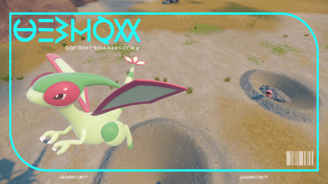 Flygon flying in a sandy area for its Pokédex photo in Pokémon Scarlet and Violet.