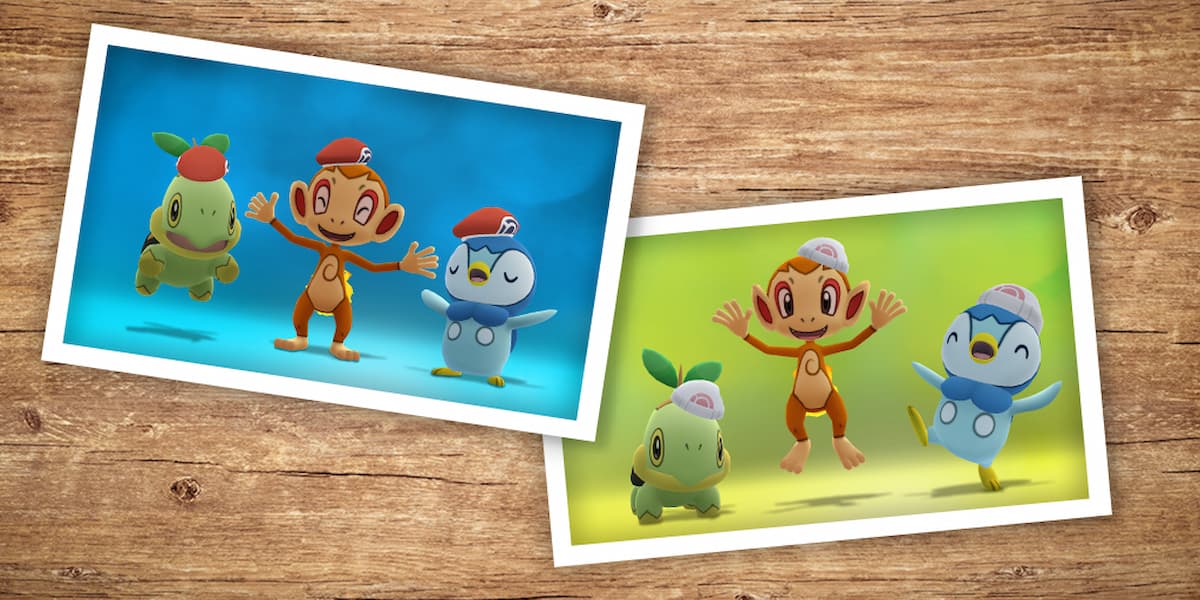 Turtwig, Chimchar, and Piplup wearing special hats.