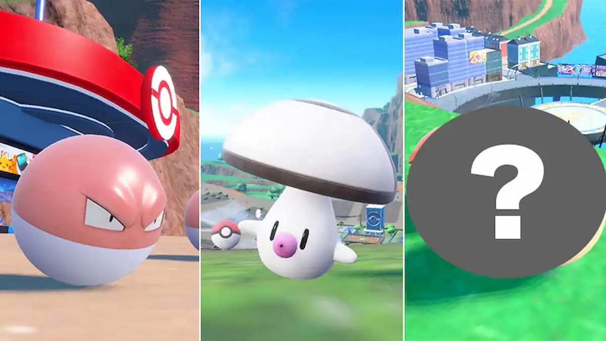 Pokémon Scarlet and Violet teaser image featuring Voltorb, Foongus, and a mysterious third Pokémon.