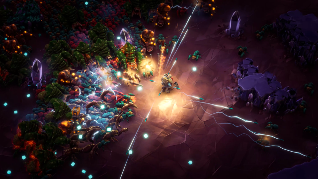 A screenshot from Deep Rock Galactic Survivor, showing a dwarf lit by a screen and shooting bullets at incoming enemies.