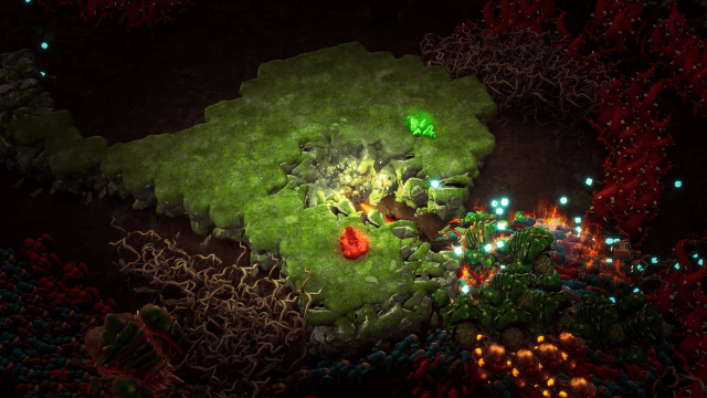 A screenshot from Deep Rock Galactic Survivor, showing a dwarf carving out a path through green rock while a horde of bugs closes in behind him.