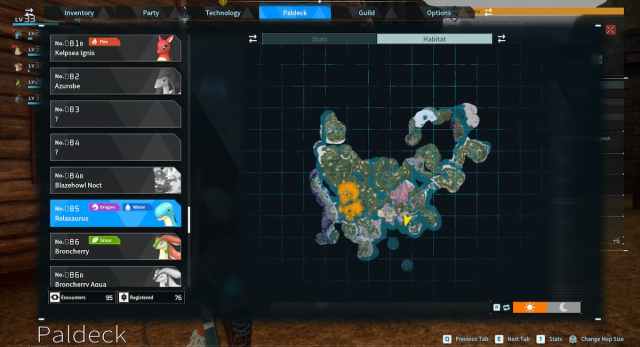 A map from Palworld showing the exact locations where Relaxaurus spawns.