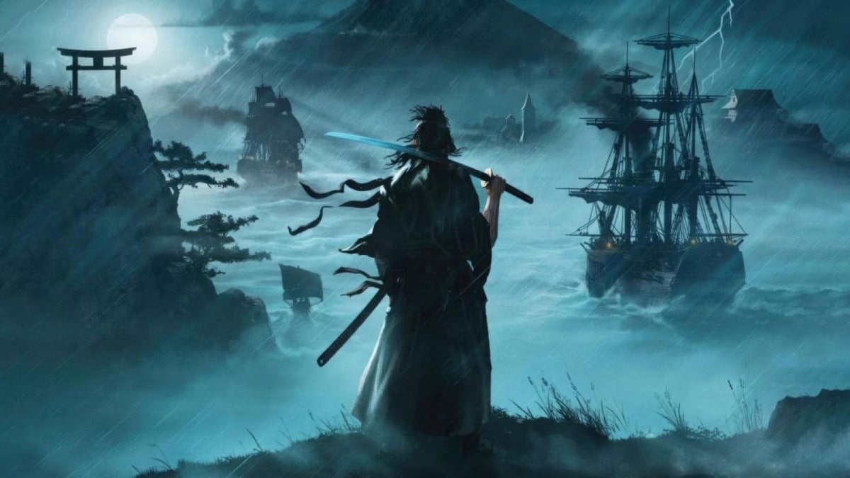 A character overlooking some ships in the water in Rise of the Ronin