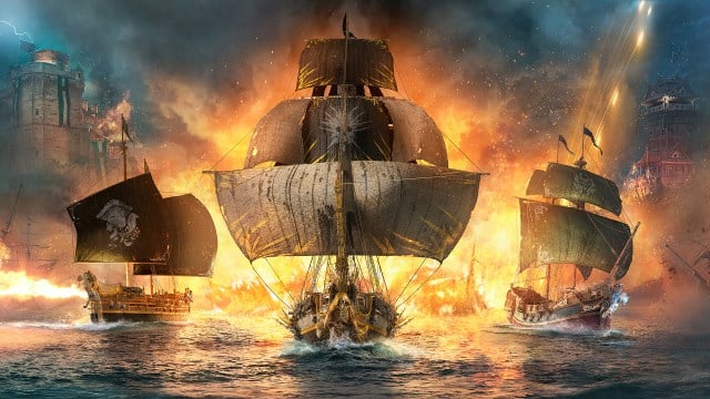 three pirate ships sail with an explosion behind them