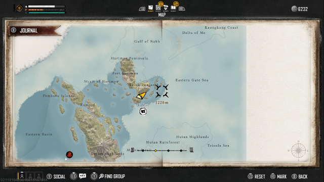 Image of the map in Skull and Bones showing the location of Telok Penjara.