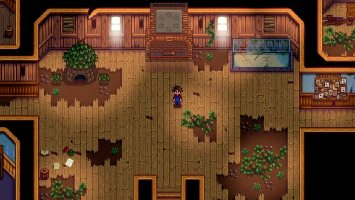 Community Center location during the early stages of a Stardew Valley run with the player character standing in front of the fireplace.