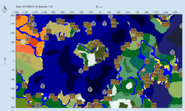 Screenshot of the overworld map for Minecraft seed 937250616.