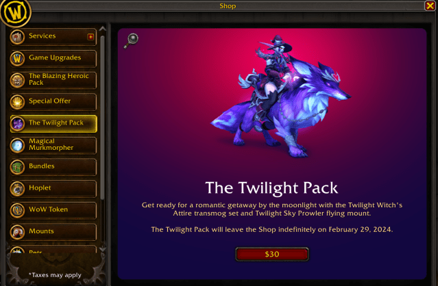 An ingame WoW screenshot of the Twilight Pack on display in the in-game shop